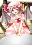  ascot bad_id bad_pixiv_id bat_wings brooch chair dress frills hands hat hat_ribbon jewelry open_mouth pink_eyes puffy_sleeves purple_hair remilia_scarlet ribbon short_hair sitting solo touhou wings wrist_cuffs yana_mori 