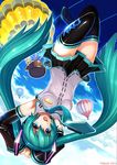  aircraft aqua_eyes aqua_hair armpits black_legwear boots detached_sleeves falling hatsune_miku hot_air_balloon kagamine_rin long_hair multiple_girls open_mouth pixiv skirt sky smile spring_onion thigh_boots thighhighs tildeed twintails very_long_hair vocaloid zettai_ryouiki 