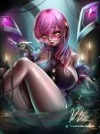  bare_shoulders big_breasts black_legwear blush breasts clothing evelynn eyebrows_visible_through_hair eyewear fangs fantasy female game_art glasses hair hair_between_eyes human human_only k/da_(league_of_legends) k/da_evelynn league_of_legends legwear long_hair looking_at_viewer mammal mumeaw not_furry open_mouth purple_hair riot_games self_upload sitting smile solo thigh_highs tongue video_games weapon yellow_eyes 