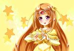  bow brooch choker circlet cure_muse_(yellow) earrings eyelashes hair_ribbon heart heart_hands jewelry long_hair magical_girl orange_hair precure purple_eyes ribbon shirabe_ako smile solo star starry_background suite_precure taiyaki_a yellow yellow_background yellow_bow yellow_choker 