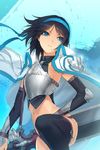 armor artist_request black_hair blue_eyes breastplate hairband lowres midriff navel short_hair solo sword sword_girls thighhighs weapon 