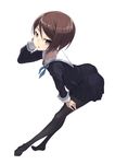  bent_over black_legwear brown_hair grey_eyes hair_tucking maeda_risou original pantyhose parted_lips school_uniform serafuku short_hair simple_background solo standing white_background 