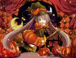  boots bubble_skirt crescent dress food_themed_hair_ornament fuuri_(von@) hair_ornament halloween hat hatsune_miku jack-o'-lantern long_hair multicolored multicolored_stripes orange_dress pumpkin pumpkin_hair_ornament silk silver_hair skirt solo spider_web star striped striped_legwear thighhighs twintails very_long_hair vocaloid witch witch_hat yellow_eyes 