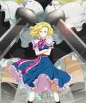  alice_margatroid blonde_hair blue_dress blue_eyes capelet crossed_arms dress frilled_skirt frills goliath_doll gunbuster_pose hairband highres hop-step-jump sash short_hair skirt smoke solo sword touhou weapon 