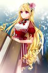  artist_request blonde_hair bow choker cinia_pacifica dress drill_hair flower hair_ornament hairband long_hair lowres pink_eyes red_dress ribbon rose solo striped sword_girls 