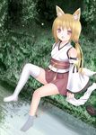  animal_ears bad_id bad_pixiv_id barefoot blonde_hair brown_eyes detached_sleeves fox_ears fox_tail grass japanese_clothes low_twintails original river sandals shoes_removed single_thighhigh sitting soaking_feet solo tail thighhighs tree tsukino_neru twintails water white_legwear 