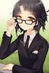  adjusting_eyewear artist_request black_hair dress_shirt flat_chest formal glasses grass lowres mole necktie shirt short_hair short_hair_with_long_locks sidelocks sita_vilosa solo stitches suit sword_girls tuxedo yellow_eyes 