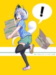  1girl alternate_costume black_hairband black_legwear blue_eyes blush box hairband highres konpaku_youmu konpaku_youmu_(ghost) m-shiganai open_mouth short_hair shorts silver_hair solo striped thighhighs touhou vertical_stripes 