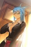  artist_request blue_hair book breasts cleavage dress_shirt formal glasses jacket large_breasts long_hair lowres luthica_preventer ponytail shirt skirt skirt_suit solo suit sword_girls tan very_long_hair 