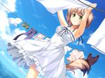  animal_ears aobato_kobato armpits arms_up brown_hair clothesline cloud day dog_ears dog_tail dress frills game_cg green_eyes halterneck highres koya_chachako light_smile otomimi_infinity ribbon short_hair sky solo sundress tail 