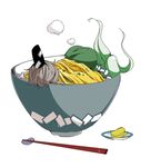  bad_id bad_pixiv_id bowl chopsticks dress food ghost_tail green_dress green_hair grey_hair hat in_bowl in_container in_food no_humans peptide rice short_hair soga_no_tojiko solo steam tate_eboshi touhou 