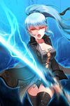  :o artist_request bangs blue_hair breasts cleavage coat electricity fingerless_gloves gloves large_breasts long_hair lowres luthica_preventer open_mouth panties ponytail red_eyes solo sword sword_girls thighhighs underwear weapon 
