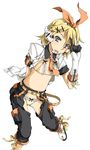  blonde_hair blue_eyes bra crotchless_pants flat_chest gloves hair_ornament hair_ribbon hairclip headphones headset kagamine_rin kasetsu_03 lingerie midriff open_mouth panties ribbon short_hair simple_background smile solo underwear v vocaloid 