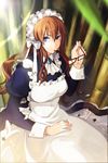  apron artist_request bamboo bangs blue_eyes bow brown_hair chief_maid frills glasses long_hair lowres maid maid_headdress ribbon sitting solo sword_girls 