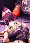  :p armband armpits arms_up belt blonde_hair blue_eyes detached_sleeves electric_guitar garter_straps guitar highres instrument looking_at_viewer lying mtu_(orewamuzituda) nail_polish necktie on_back on_floor paul_reed_smith pixiv_punk_and_rock plaid plaid_skirt punk safety_pin skirt solo striped striped_legwear thighhighs tongue tongue_out upside-down 