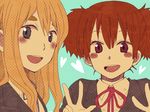  ariko_(antoinette_blue) blonde_hair blue_eyes brown_eyes brown_hair double_v k-on! kotobuki_tsumugi long_hair multiple_girls school_uniform short_hair short_twintails suzuki_jun twintails v 