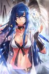  artist_request blue_eyes blue_hair bra breasts choker cleavage coat cross cup fingerless_gloves front-tie_top gloves jewelry large_breasts lingerie long_hair lowres navel necklace ring solo sword_girls underwear 