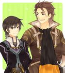  alvin_(tales) black_hair brown_eyes brown_hair gloves green_background jude_mathis male_focus mmino multiple_boys scarf smile tales_of_(series) tales_of_xillia yellow_eyes 