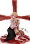  :p bad_id bad_pixiv_id barefoot bite_mark blonde_hair blood blood_in_mouth blood_on_face blush bow cross dress fang flandre_scarlet hair_bow hair_in_mouth hair_ribbon hand_on_head head_tilt highres hug kneeling long_sleeves looking_at_viewer multiple_girls no_hat no_headwear open_clothes petting red_eyes ribbon rumia shirt short_hair side_ponytail skirt smile tepes tongue tongue_out touhou unbuttoned vampire white_legwear white_shirt wings 