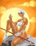  armlet blue_eyes breasts covered_nipples dark_skin digital_media_player earrings elena_(street_fighter) halter_top halterneck highres ivan_llanos jewelry large_breasts legband legs lips muscle muscular_female polearm rock short_hair solo street_fighter street_fighter_iii_(series) thick_thighs thighs weapon white_hair 