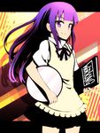  apron menu purple_eyes purple_hair skirt smile solo standing tom_(drpow) tray tsurime waitress working!! yamada_aoi 