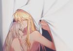  2girls artoria_pendragon_(all) artoria_pendragon_(lancer) blanket blonde_hair breasts fate/grand_order fate_(series) green_eyes large_breasts long_hair looking_at_viewer morgan_le_fay_(fate) multiple_girls nude smile staring very_long_hair yorukun 