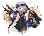  1girl bad_id bad_pixiv_id black_eyes black_hair facial_hair flower green_eyes grey_hair headband honda_tadakatsu_(horizon) hug kazuno_(horizon) kyoukaisenjou_no_horizon long_hair nika short_hair 