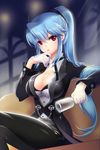  artist_request blue_hair breasts cleavage cup formal gloves hand_on_own_chin large_breasts long_hair lowres luthica_preventer open_clothes open_shirt pants ponytail red_eyes shirt sitting solo sword_girls tuxedo 