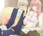  1girl adjusting_eyewear bespectacled casual final_fantasy final_fantasy_xiii glasses highres hope_estheim karuha lightning_farron pantyhose sleeves_rolled_up 