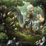  animal_ears backpack bag bird boots brown_hair camouflage coat crocodile crocodilian dog_ears dog_tail dragon forest island_turtle kei_kei lantern light_rays lizard looking_back nature pixiv_fantasia pixiv_fantasia_4 purple_eyes rock scenery sunbeam sunlight tail thighhighs tree when_you_see_it 