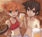  1girl alcohol apron bare_shoulders beer bikini black_hair bracelet demitasse-lover food gen_3_pokemon green_eyes grey_eyes hand_on_hip jewelry kasumi_(pokemon) midriff mudkip navel no_hat no_headwear open_mouth orange_hair party pokemon pokemon_(anime) pokemon_(creature) restaurant satoshi_(pokemon) shirtless short_hair side_ponytail smile swimsuit tank_top tray waitress 