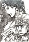  2boys alien battle_tendency cars_(jojo) duo earrings facial_mark hat headdress jewelry jojo&#039;s_bizarre_adventure jojo's_bizarre_adventure jojo_no_kimyou_na_bouken kars_(jojo) long_hair male male_focus monochrome monster_boy multiple_boys necklace sketch wamuu wham wings 