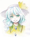  graphite_(medium) green_eyes green_hair hat highres komeiji_koishi simple_background socha solo touhou traditional_media 