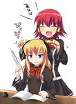  bad_id bad_pixiv_id blonde_hair blue_eyes blush closed_eyes hair_ribbon inkwell multiple_girls quill quiz_magic_academy red_hair ribbon ruquia school_uniform shalon shiden_(sashimi_no_wife) short_hair smile two_side_up 