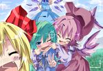  animal_ears antennae blue_eyes blush camera cirno closed_eyes fang green_hair hair_ribbon hat head_out_of_frame kuroneko_no_toorimichi mouth_pull multiple_girls mystia_lorelei pink_hair ribbon rumia short_hair smile team_9 touhou v wince wings wriggle_nightbug 