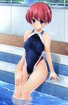  aoki_konya arm_support blue_eyes chain-link_fence competition_swimsuit curvy fence hand_on_thigh highleg highleg_swimsuit one-piece_swimsuit original outdoors pool poolside red_hair short_hair sitting soaking_feet solo swimsuit thigh_gap water wide_hips 