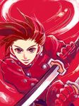  1boy brown_hair gloves lloyd_irving male male_focus red red_eyes short_hair solo sword tales_of_(series) tales_of_symphonia weapon 