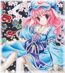  alternate_hairstyle bad_id bad_pixiv_id breasts cherry_blossoms cleavage colored_pencil_(medium) fan frills hat long_hair makimakiringo50 marker_(medium) medium_breasts pastel_(medium) petals pink_eyes pink_hair saigyouji_yuyuko solo touhou traditional_media 