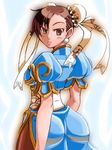  ass blush brown_eyes brown_hair bun_cover china_dress chinese_clothes chun-li double_bun dress earrings from_behind frown inugoya jewelry looking_back pantyhose pelvic_curtain ribbon sash short_hair solo street_fighter 