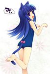  animal_ears barefoot blue_hair bow cat_ears feet furude_rika fuyuichi higurashi_no_naku_koro_ni long_hair looking_back one-piece_swimsuit paw_pose pink_bow purple_eyes ribbon school_swimsuit solo standing swimsuit tail translated 