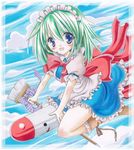  apron bad_id bad_pixiv_id blue_eyes broom colored_pencil_(medium) dress frills green_hair maid maid_headdress makimakiringo50 marker_(medium) mimi-chan open_mouth pastel_(medium) ribbon riding ruukoto short_hair short_sleeves solo touhou touhou_(pc-98) traditional_media 