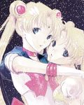  aqua_eyes bishoujo_senshi_sailor_moon blonde_hair blue_sailor_collar bow choker dolcexxx double_bun dual_persona earrings elbow_gloves gloves hair_ornament hairclip hug jewelry long_hair magical_girl multiple_girls princess_serenity red_bow red_choker ribbon sailor_collar sailor_moon sailor_senshi_uniform short_sleeves time_paradox tsukino_usagi twintails 