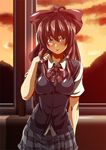  alternate_costume bad_id bad_pixiv_id blush bow brown_eyes brown_hair classroom contemporary hair_bow hakurei_reimu indoors long_hair school_uniform solo sunset touhou yamakeitokokoro 