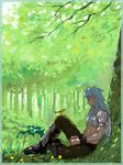  1boy bird blue_hair flower long_hair male male_focus nature oekaki outdoors regal_bryan regal_bryant shackle shackles solo tales_of_(series) tales_of_symphonia 