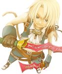  &gt;:) belt blonde_hair boots dagger dissidia_final_fantasy dual_wielding final_fantasy final_fantasy_ix gloves green_eyes hair_ribbon holding male_focus ponytail ribbon rokuta smile solo tail v-shaped_eyebrows weapon zidane_tribal 