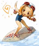  bad_id bad_pixiv_id braid child goggles gurumin nyama one-piece_swimsuit orange_eyes orange_hair parin school_swimsuit slippers solo surfboard surfing swim_cap swimsuit twin_braids 