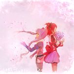  back_bow bow cheria_barnes cherry_blossoms flower multiple_girls pink_background purple_hair purple_skirt red_hair ribbon saintpaulia skirt sophie_(tales) tales_of_(series) tales_of_graces twintails 