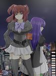  armband back-to-back belt black_legwear blue_eyes blue_hair bow breasts cat_tail city dress frederica_bernkastel hair_bobbles hair_ornament large_breasts long_hair looking_back multiple_girls night pleated_skirt purple_eyes red_hair ribbon shijimi_(outa) skirt tail thighhighs umineko_no_naku_koro_ni ushiromiya_ange zettai_ryouiki 