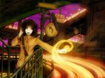  bad_id bad_pixiv_id bridge brown_eyes brown_hair copyright_request digital_media_player headphones microphone motion_blur open_mouth road_sign short_hair sign sky solo stairs yoshidaworks 