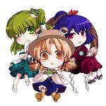  blonde_hair chibi eyes frog green_eyes green_hair hair_ornament hat japanese_clothes kochiya_sanae long_hair moriya_suwako multiple_girls n-mix one_eye_closed purple_hair red_eyes short_hair touhou yasaka_kanako 